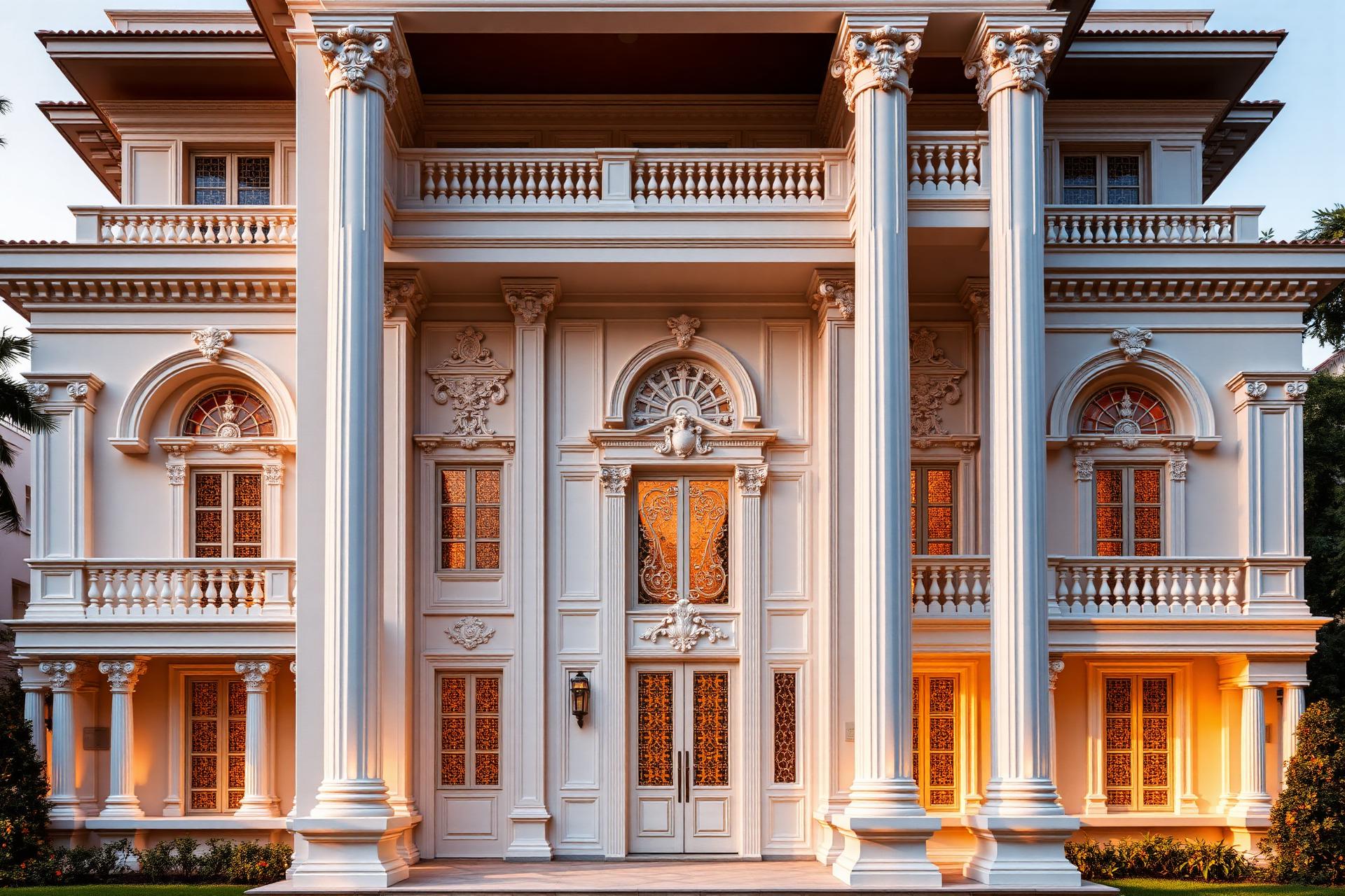 Classical GFRC facade with columns, cornices and balustrades at golden hour